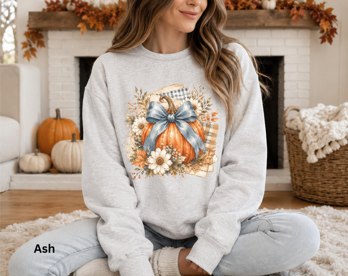 Blue Bow Pumpkin Sweatshirt, Fall Pumpkin Crewneck, Coquette Autumn Sweatshirt, Floral Pumpkin Sweatshirt, Cozy Fall Thanksgiving Crewneck
