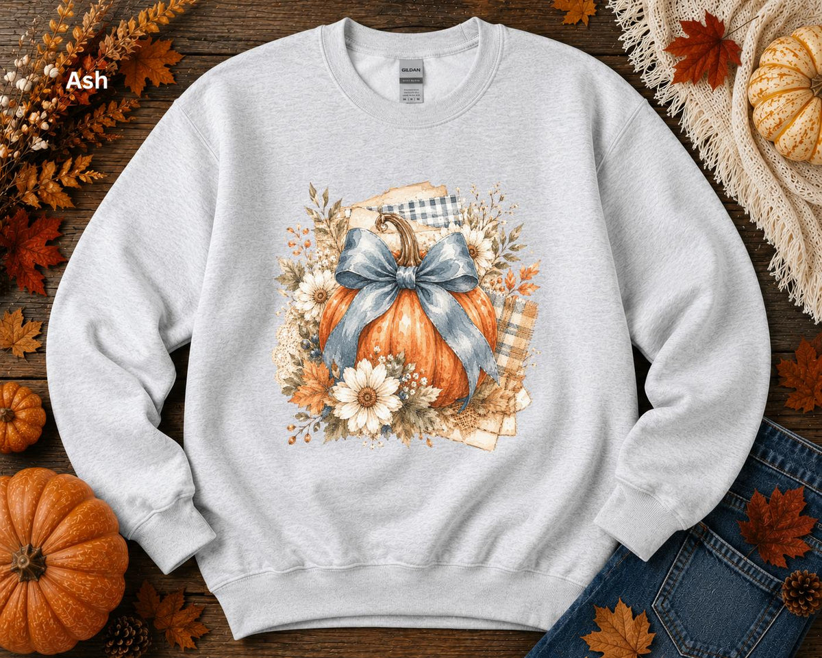 Blue Bow Pumpkin Sweatshirt, Fall Pumpkin Crewneck, Coquette Autumn Sweatshirt, Floral Pumpkin Sweatshirt, Cozy Fall Thanksgiving Crewneck