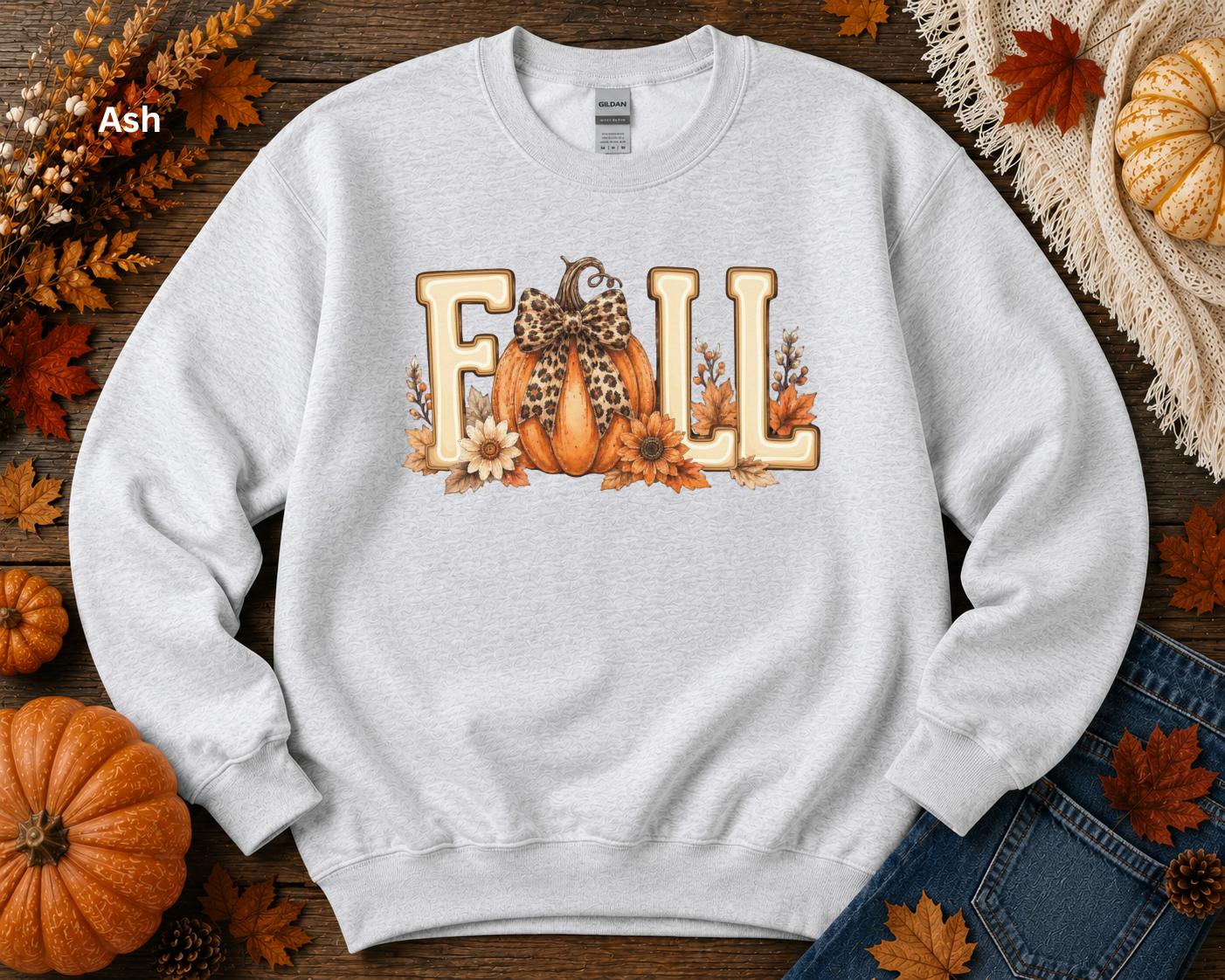 Fall Pumpkin Sweatshirt, Cute Autumn Crewneck, Leopard Bow Pumpkin Sweatshirt, Cozy Fall Graphic Sweatshirt, Pumpkin Patch Outfit