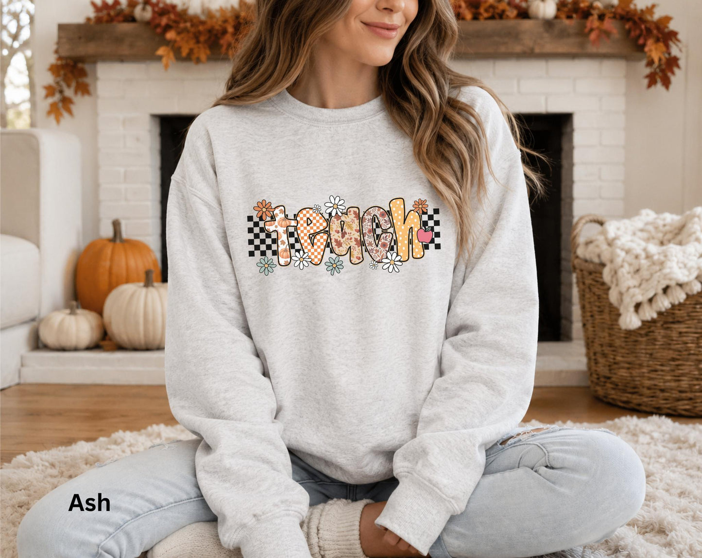 Fall Teacher Sweatshirt, Retro Teacher Crewneck, Boho Autumn Back to School Sweatshirt, Cozy Floral Pumpkin Checkerboard Teacher Gift