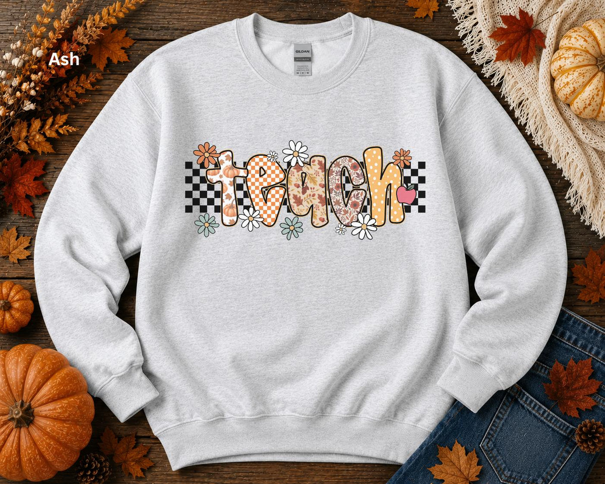 Fall Teacher Sweatshirt, Retro Teacher Crewneck, Boho Autumn Back to School Sweatshirt, Cozy Floral Pumpkin Checkerboard Teacher Gift