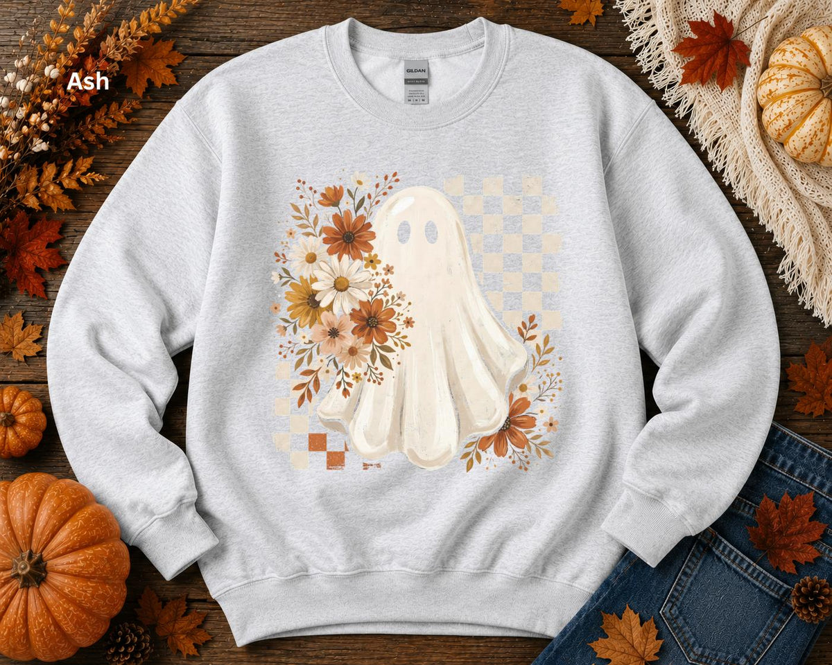 Cute Ghost Halloween Sweatshirt, Boho Ghost Crewneck, Retro Checkerboard Halloween Pullover, Spooky Season Fall Crewneck for Women
