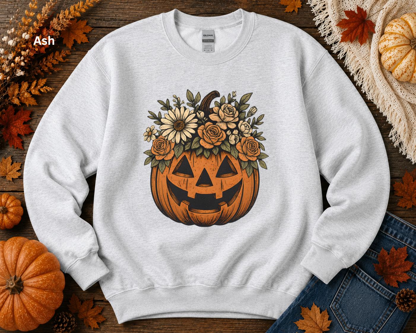 Floral Halloween Sweatshirt, Cute Fall Crewneck, Vintage Pumpkin Sweatshirt, Cozy Autumn Graphic Sweatshirt, Pumpkin Patch Outfit
