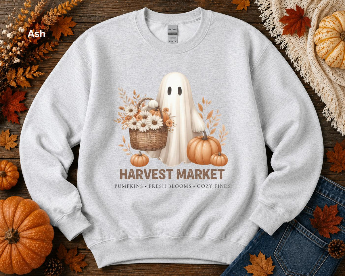 Harvest Market Ghost Sweatshirt, Cute Fall Ghost Crewneck, Vintage Halloween Sweatshirt, Pumpkin Patch Crewneck, Cozy Autumn Sweatshirt