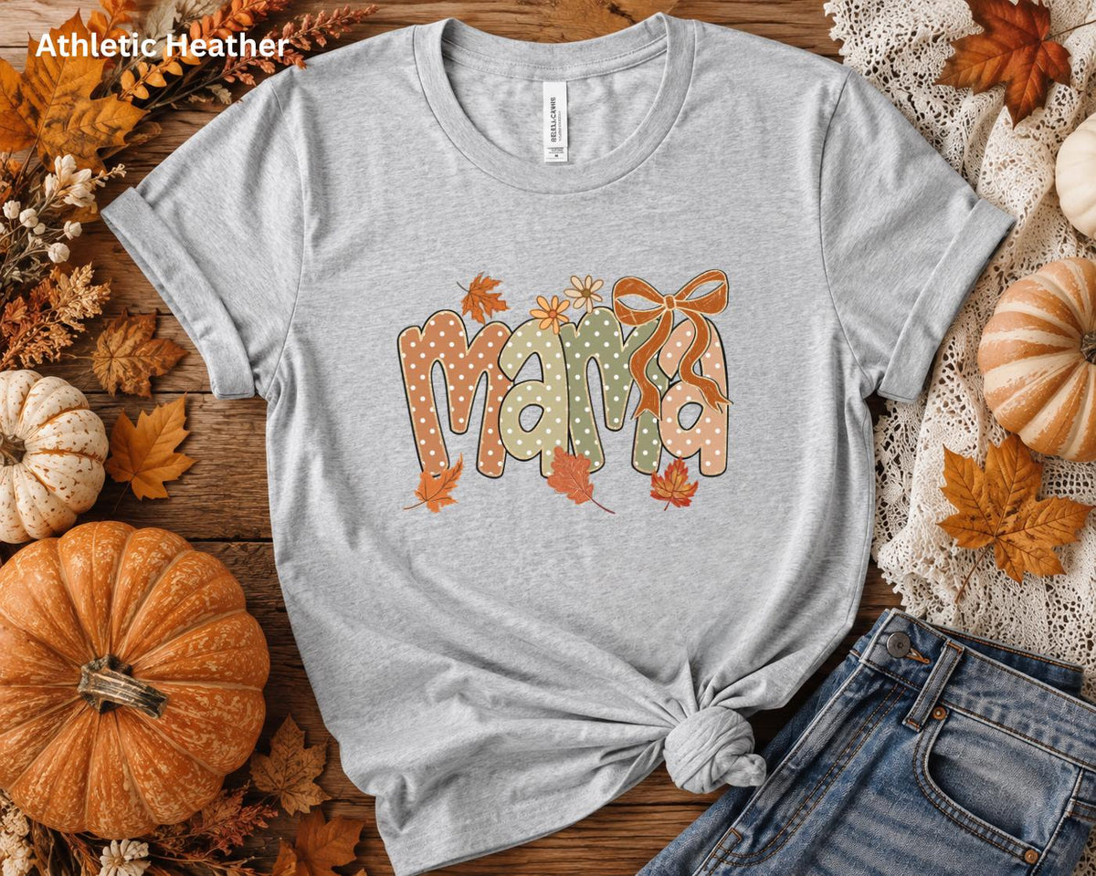 Fall Mama Shirt, Cute Coquette Bow Mama Tee, Autumn Mom Graphic T-Shirt, Pumpkin Season Shirt, Fall Mom Outfit, Women's Boutique Tee