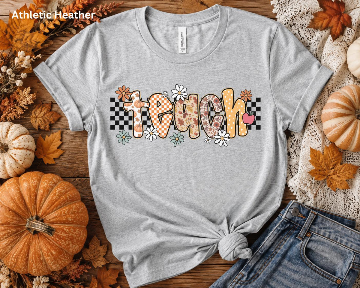 Fall Teacher Shirt, Retro Teacher Tee, Boho Autumn Teacher T-Shirt, Cute Back to School Shirt, Floral Checkerboard Pumpkin Teacher Gift