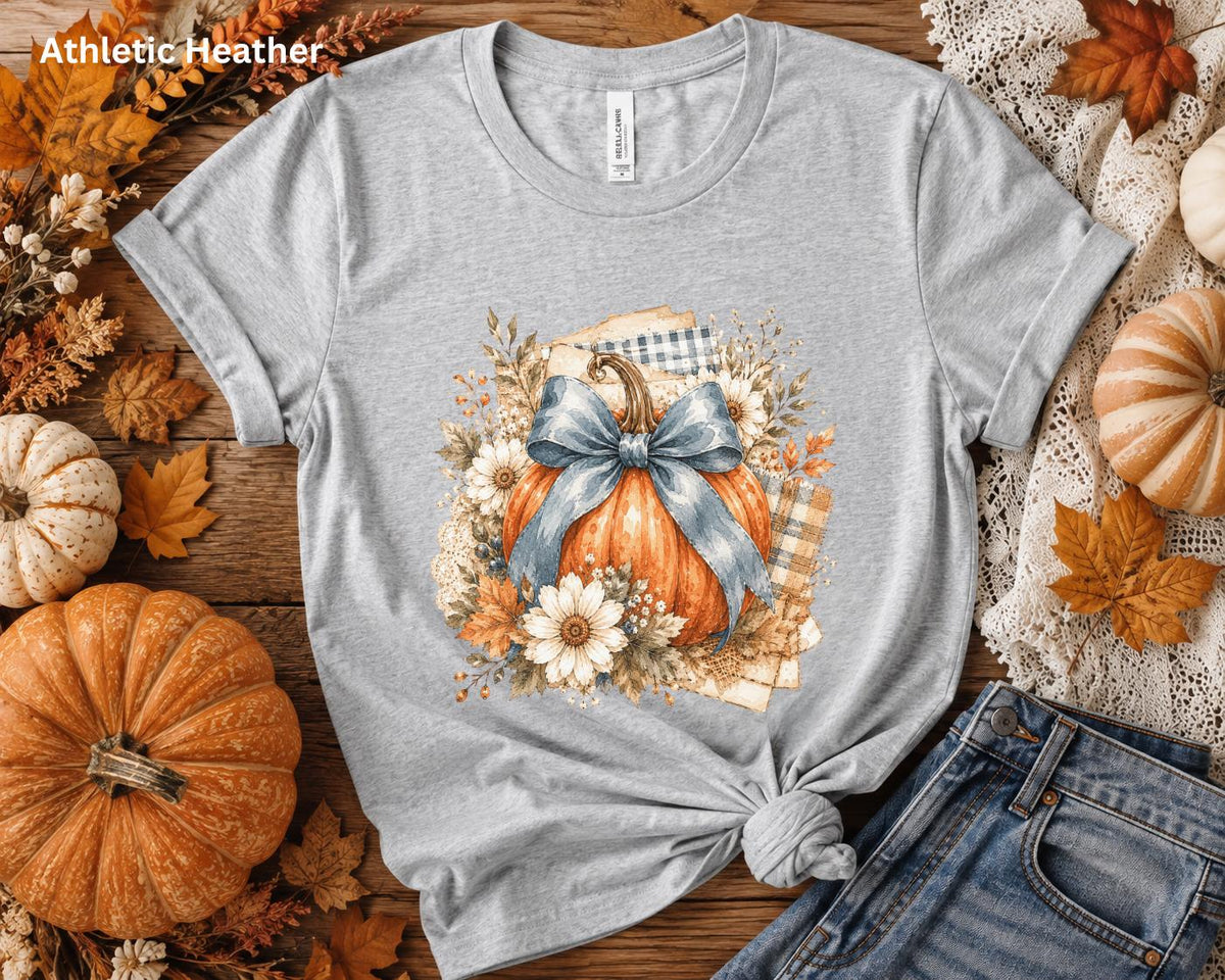 Blue Bow Pumpkin T-Shirt, Coquette Fall Tee, Floral Pumpkin Shirt, Cute Autumn Graphic Tee, Pumpkin Patch Shirt, Women's Thanksgiving Shirt