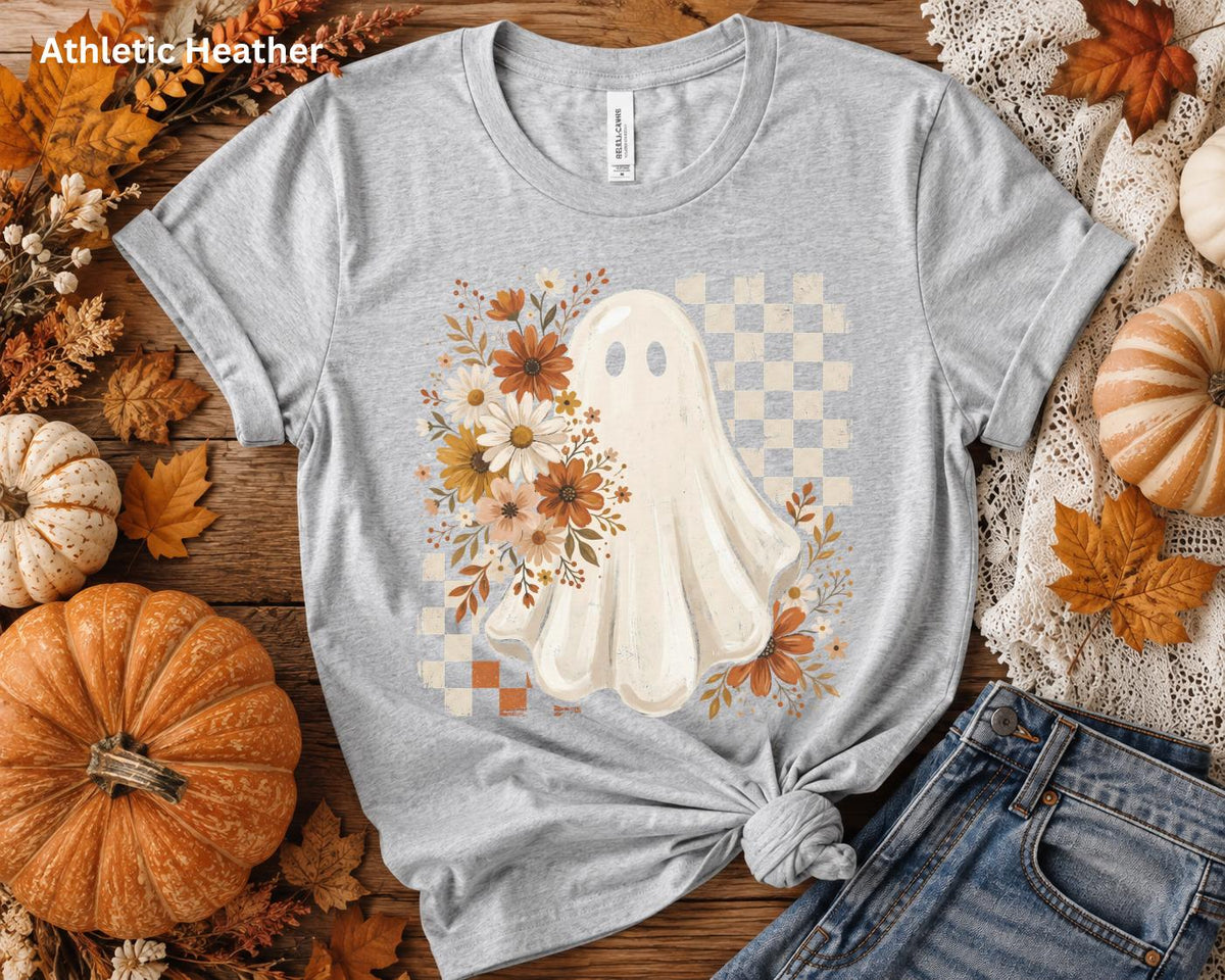 Cute Ghost Halloween Shirt, Boho Ghost T-Shirt, Floral Fall Ghost Tee, Retro Checkerboard Halloween Shirt, Spooky Season Graphic Tee