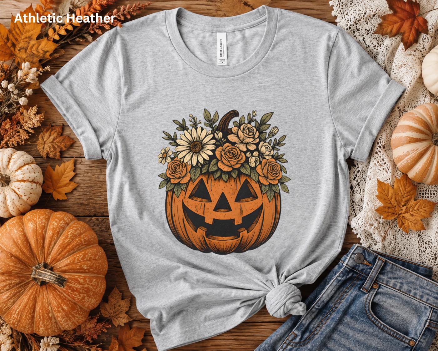 Floral Pumpkin Halloween Shirt, Cute Fall Pumpkin Tee, Boho Autumn Graphic T-Shirt, Cozy Halloween Shirt for Women, Pumpkin Patch Outfit
