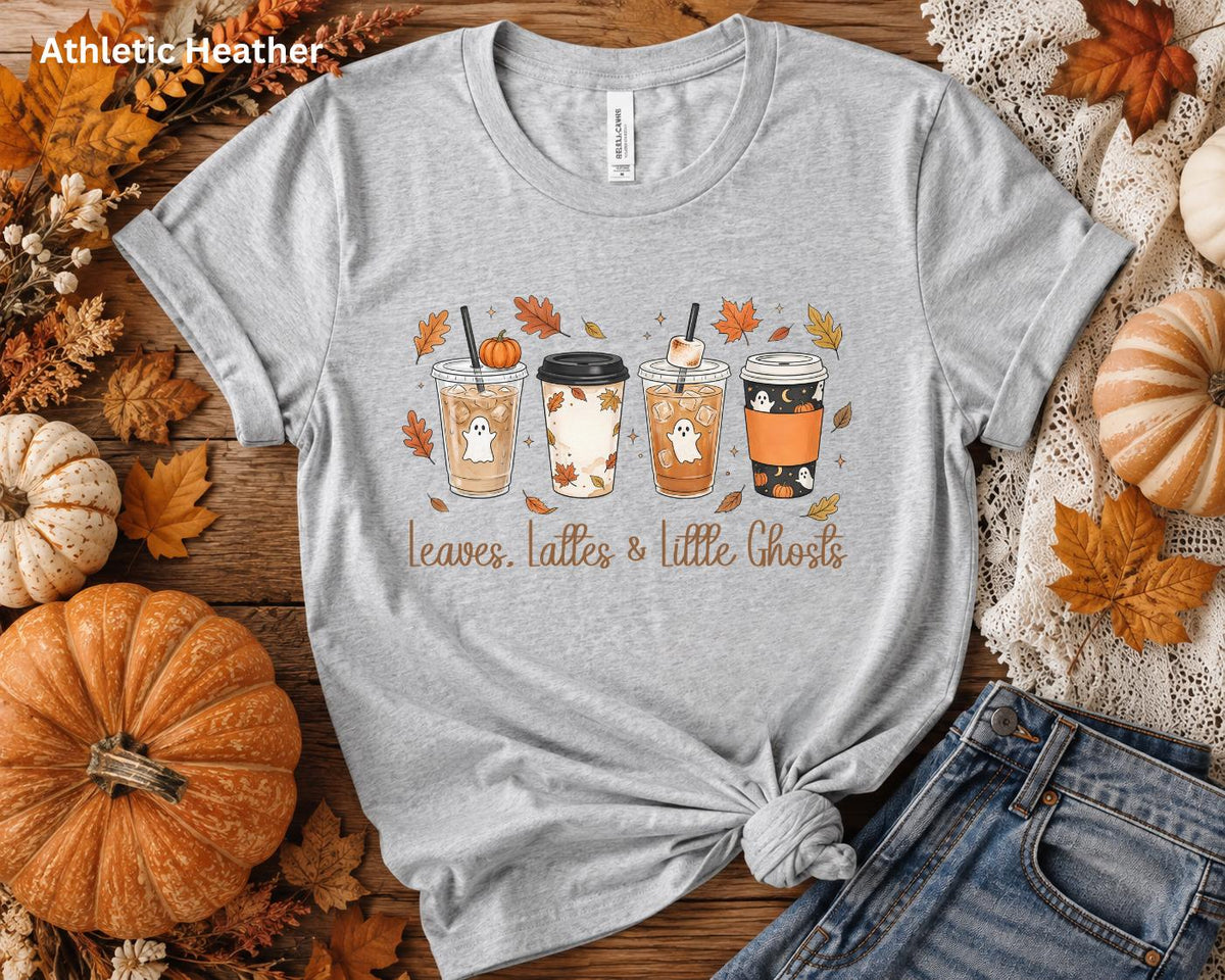 Leaves, Lattes & Little Ghosts Shirt, Cute Fall Coffee Shirt, Spooky Season Tee, Ghost Coffee Lover Shirt