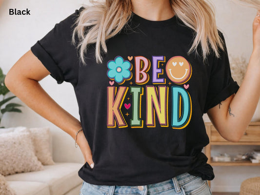 Be Kind Shirt, Retro Kindness Tee, Positive Vibes Shirt, Rainbow Smiley Graphic Tee