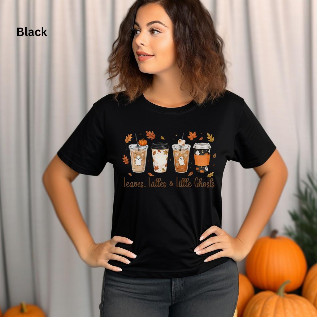 Leaves, Lattes & Little Ghosts Shirt, Cute Fall Coffee Shirt, Spooky Season Tee, Ghost Coffee Lover Shirt