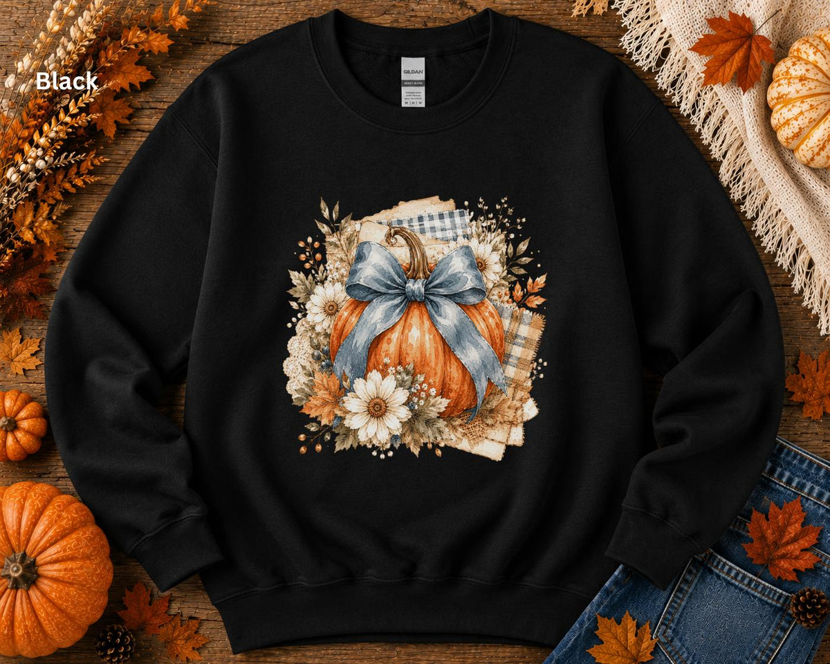 Blue Bow Pumpkin Sweatshirt, Fall Pumpkin Crewneck, Coquette Autumn Sweatshirt, Floral Pumpkin Sweatshirt, Cozy Fall Thanksgiving Crewneck