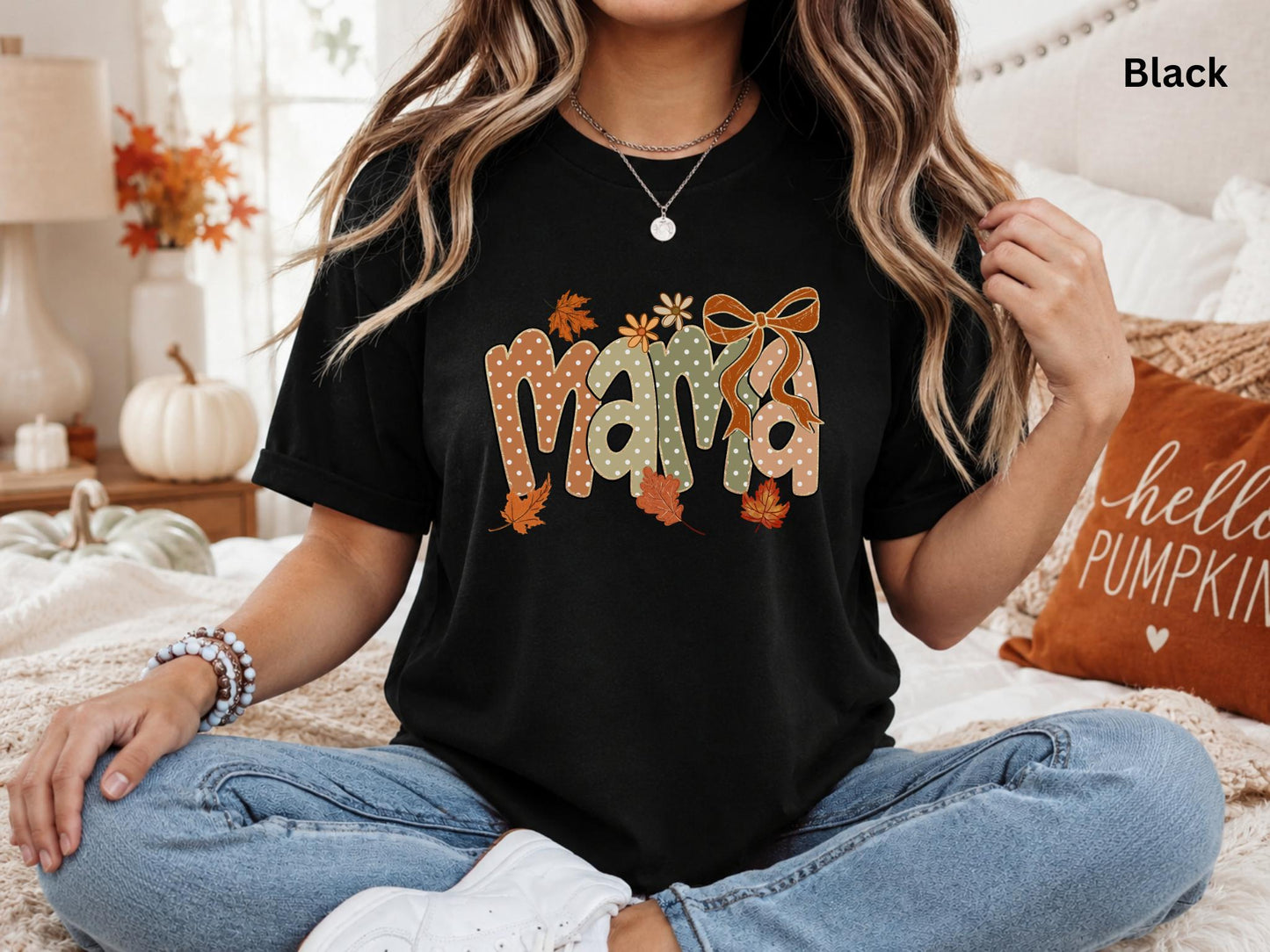 Fall Mama Shirt, Cute Coquette Bow Mama Tee, Autumn Mom Graphic T-Shirt, Pumpkin Season Shirt, Fall Mom Outfit, Women's Boutique Tee