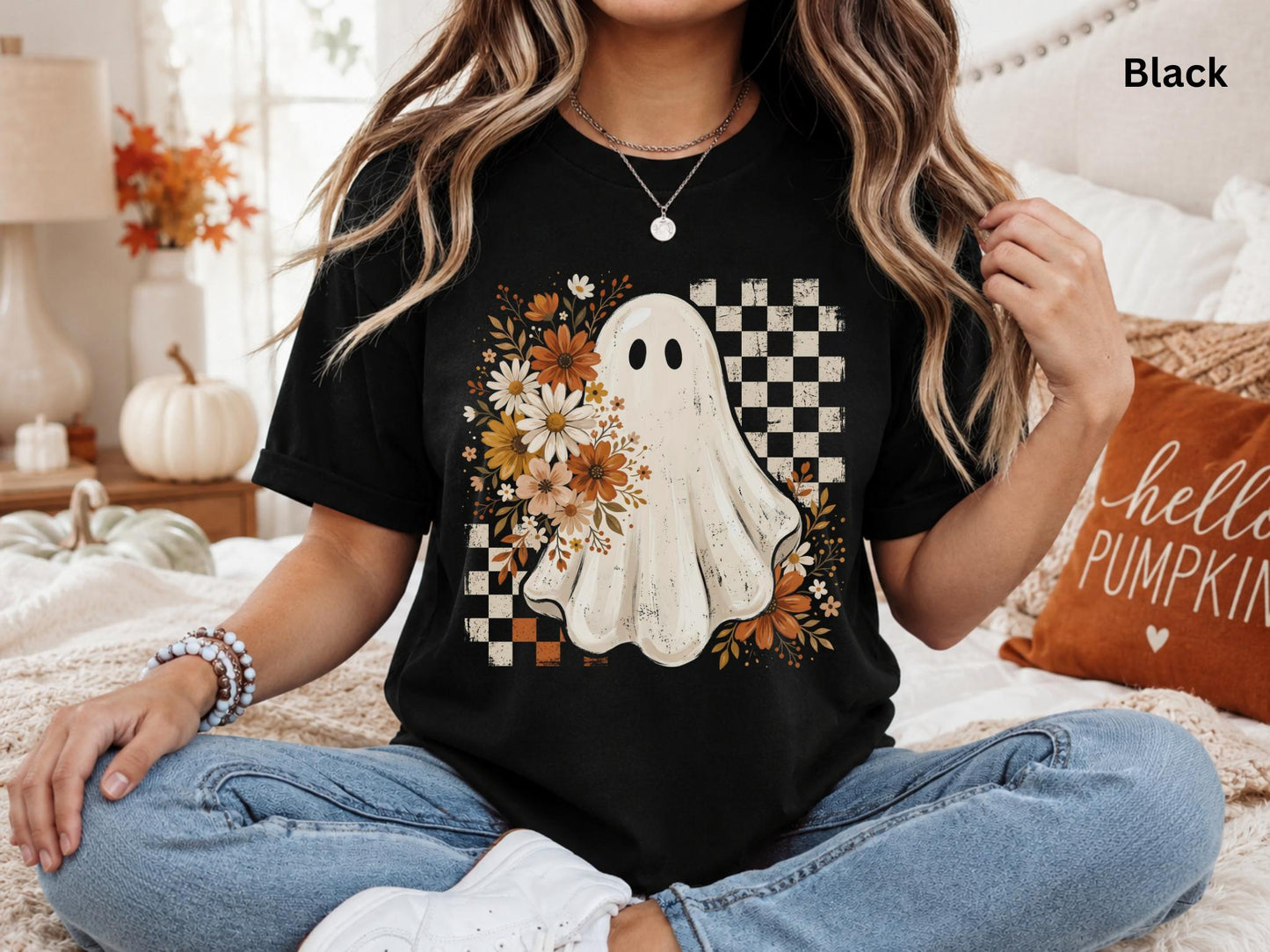 Cute Ghost Halloween Shirt, Boho Ghost T-Shirt, Floral Fall Ghost Tee, Retro Checkerboard Halloween Shirt, Spooky Season Graphic Tee
