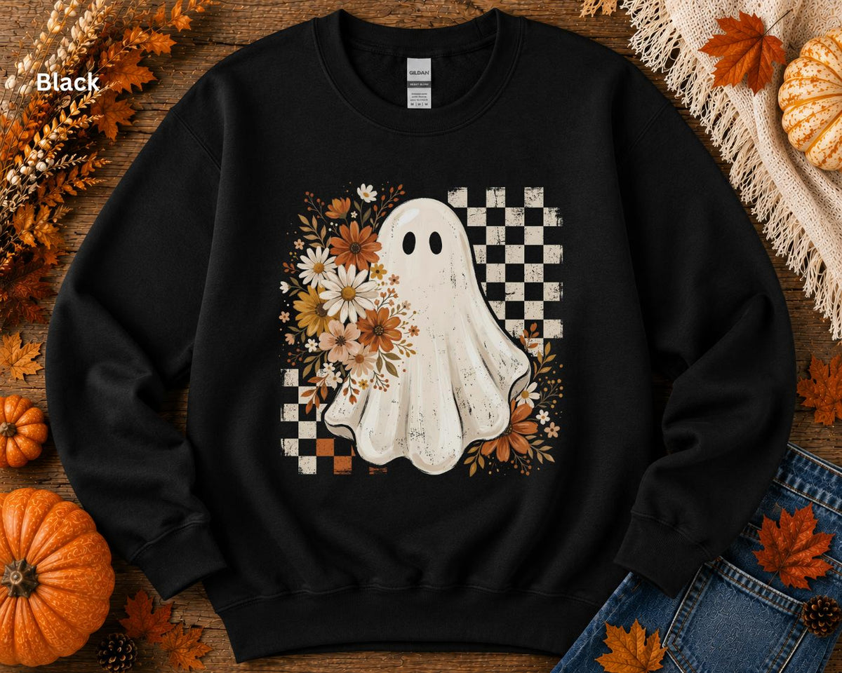 Cute Ghost Halloween Sweatshirt, Boho Ghost Crewneck, Retro Checkerboard Halloween Pullover, Spooky Season Fall Crewneck for Women