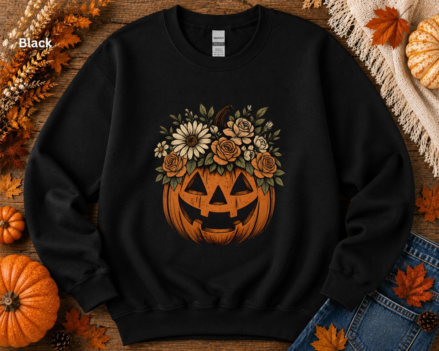Floral Halloween Sweatshirt, Cute Fall Crewneck, Vintage Pumpkin Sweatshirt, Cozy Autumn Graphic Sweatshirt, Pumpkin Patch Outfit