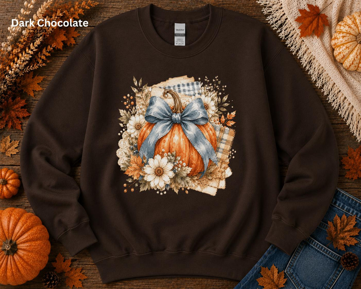 Blue Bow Pumpkin Sweatshirt, Fall Pumpkin Crewneck, Coquette Autumn Sweatshirt, Floral Pumpkin Sweatshirt, Cozy Fall Thanksgiving Crewneck