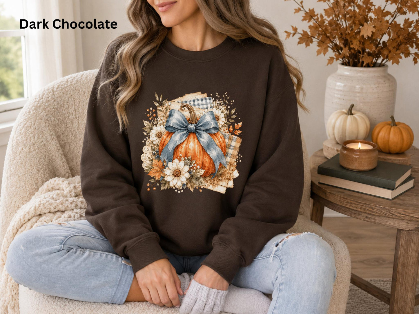 Blue Bow Pumpkin Sweatshirt, Fall Pumpkin Crewneck, Coquette Autumn Sweatshirt, Floral Pumpkin Sweatshirt, Cozy Fall Thanksgiving Crewneck