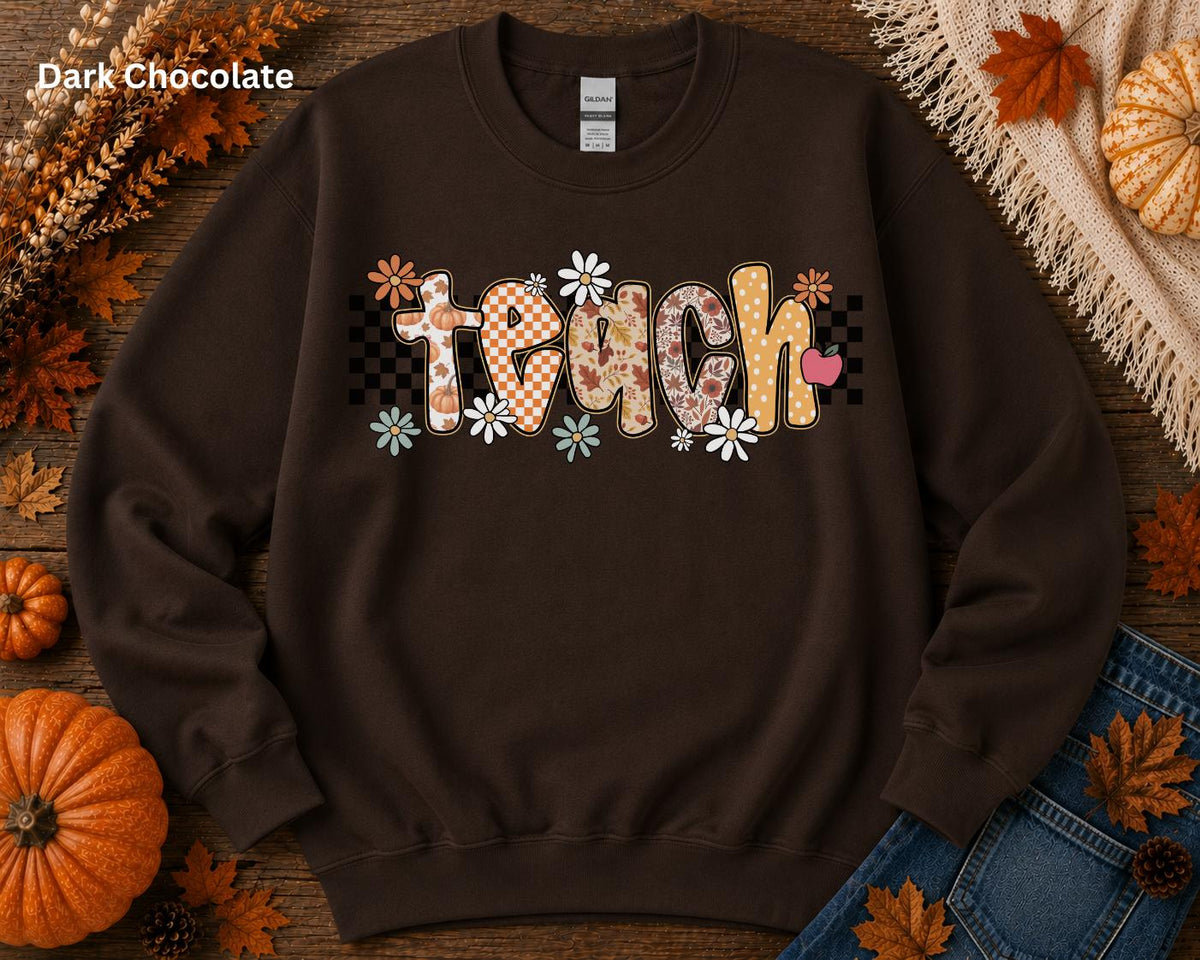 Fall Teacher Sweatshirt, Retro Teacher Crewneck, Boho Autumn Back to School Sweatshirt, Cozy Floral Pumpkin Checkerboard Teacher Gift