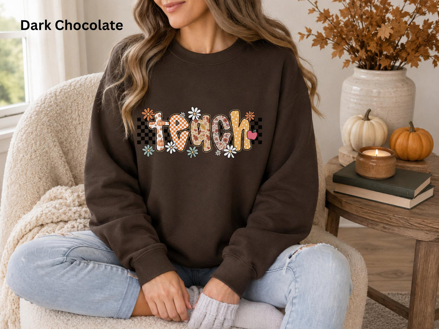 Fall Teacher Sweatshirt, Retro Teacher Crewneck, Boho Autumn Back to School Sweatshirt, Cozy Floral Pumpkin Checkerboard Teacher Gift