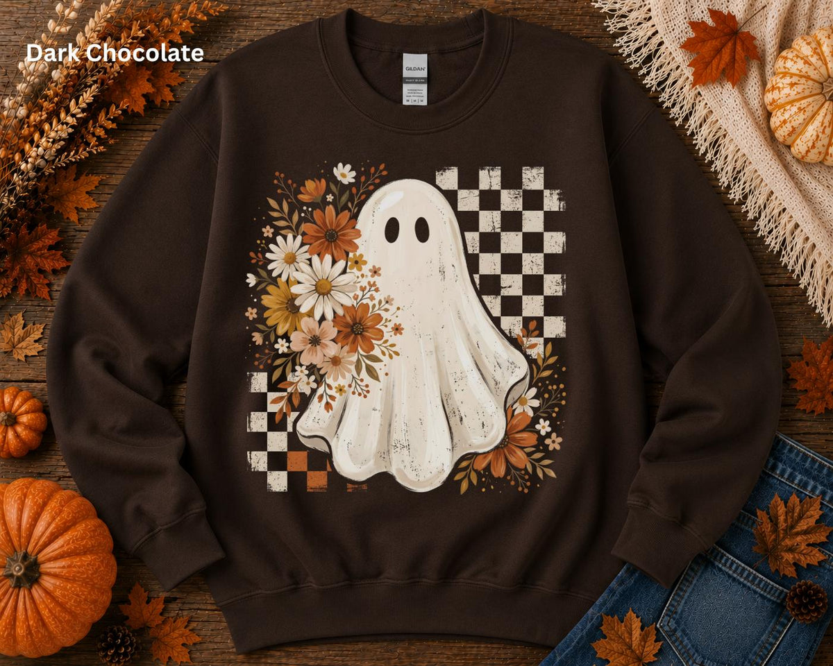 Cute Ghost Halloween Sweatshirt, Boho Ghost Crewneck, Retro Checkerboard Halloween Pullover, Spooky Season Fall Crewneck for Women