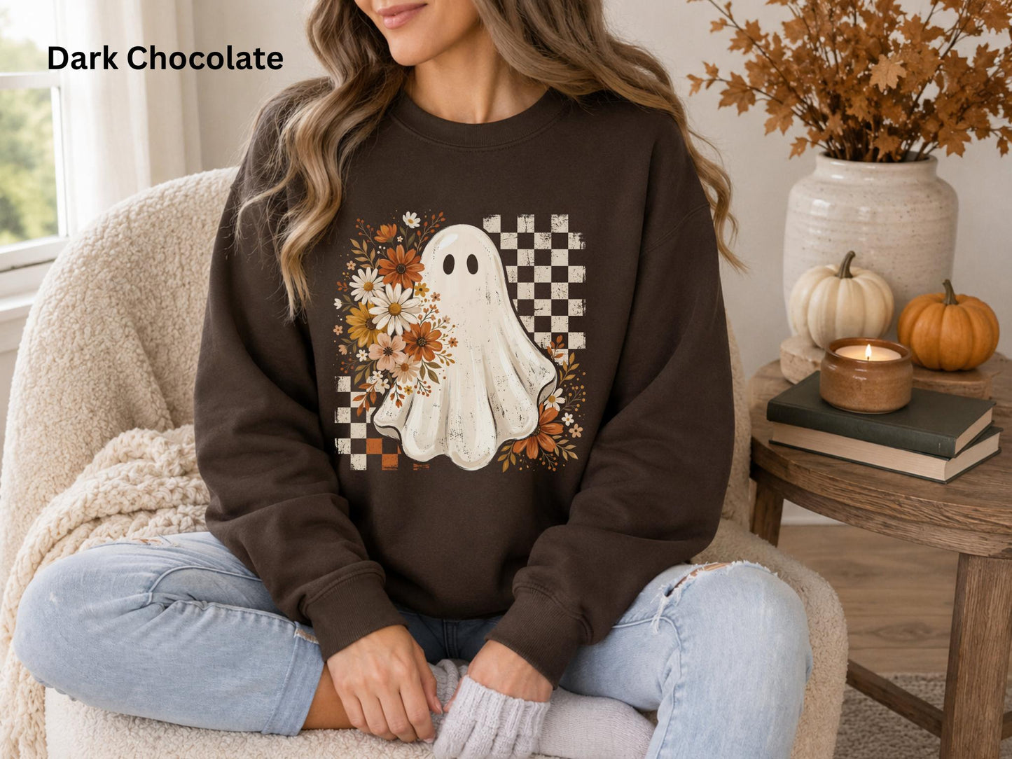 Cute Ghost Halloween Sweatshirt, Boho Ghost Crewneck, Retro Checkerboard Halloween Pullover, Spooky Season Fall Crewneck for Women