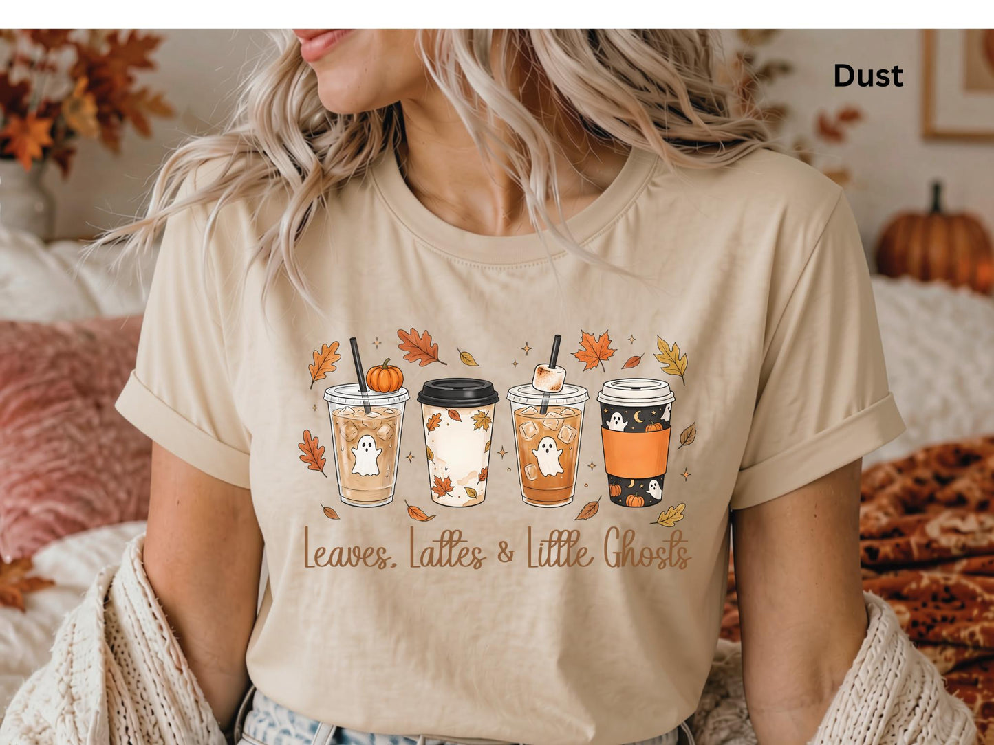 Leaves, Lattes & Little Ghosts Shirt, Cute Fall Coffee Shirt, Spooky Season Tee, Ghost Coffee Lover Shirt