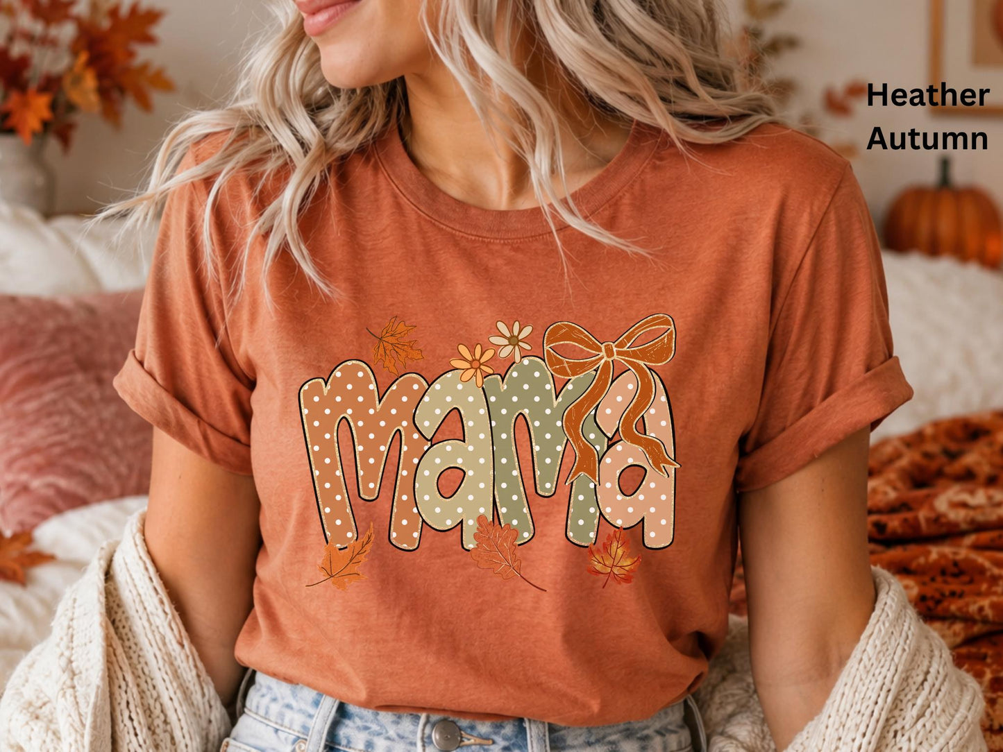 Fall Mama Shirt, Cute Coquette Bow Mama Tee, Autumn Mom Graphic T-Shirt, Pumpkin Season Shirt, Fall Mom Outfit, Women's Boutique Tee