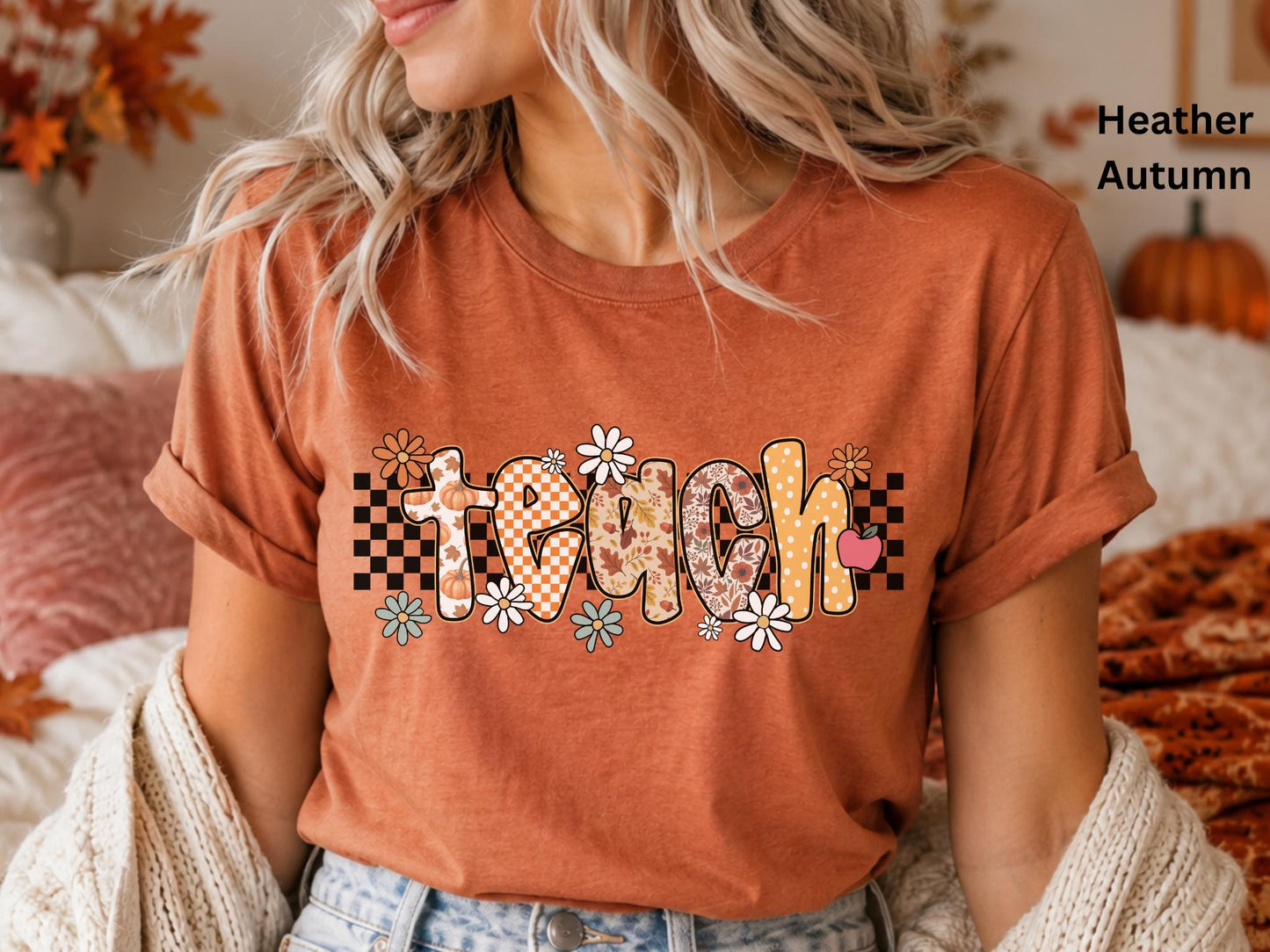 Fall Teacher Shirt, Retro Teacher Tee, Boho Autumn Teacher T-Shirt, Cute Back to School Shirt, Floral Checkerboard Pumpkin Teacher Gift