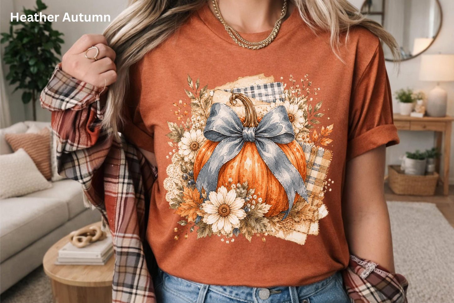 Blue Bow Pumpkin T-Shirt, Coquette Fall Tee, Floral Pumpkin Shirt, Cute Autumn Graphic Tee, Pumpkin Patch Shirt, Women's Thanksgiving Shirt