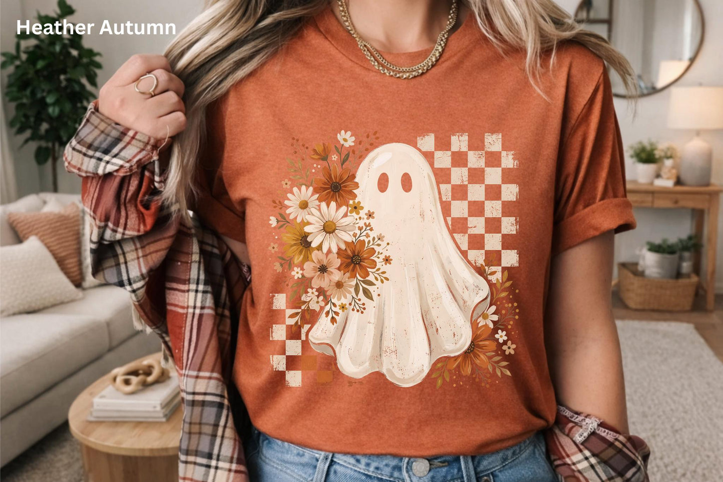 Cute Ghost Halloween Shirt, Boho Ghost T-Shirt, Floral Fall Ghost Tee, Retro Checkerboard Halloween Shirt, Spooky Season Graphic Tee