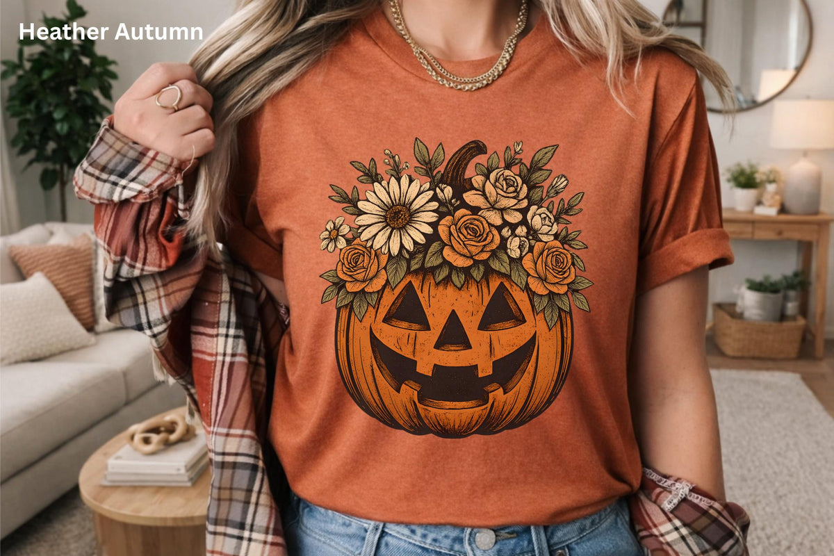 Floral Pumpkin Halloween Shirt, Cute Fall Pumpkin Tee, Boho Autumn Graphic T-Shirt, Cozy Halloween Shirt for Women, Pumpkin Patch Outfit