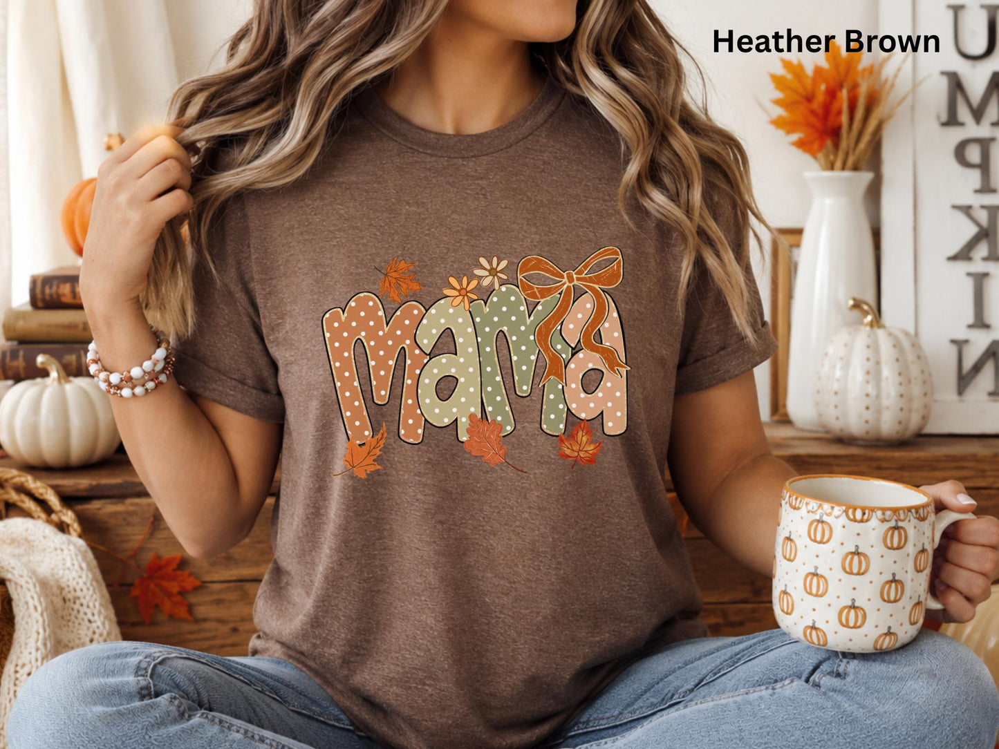 Fall Mama Shirt, Cute Coquette Bow Mama Tee, Autumn Mom Graphic T-Shirt, Pumpkin Season Shirt, Fall Mom Outfit, Women's Boutique Tee