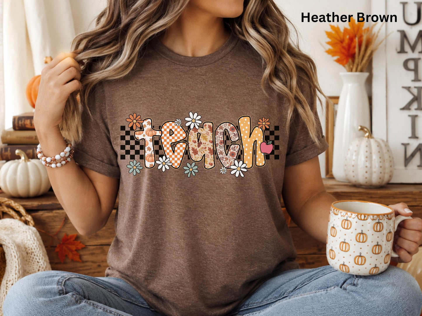 Fall Teacher Shirt, Retro Teacher Tee, Boho Autumn Teacher T-Shirt, Cute Back to School Shirt, Floral Checkerboard Pumpkin Teacher Gift