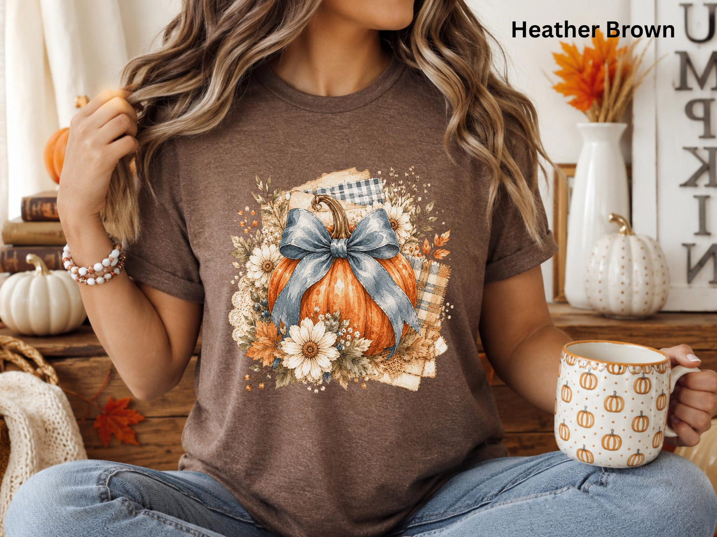 Blue Bow Pumpkin T-Shirt, Coquette Fall Tee, Floral Pumpkin Shirt, Cute Autumn Graphic Tee, Pumpkin Patch Shirt, Women's Thanksgiving Shirt