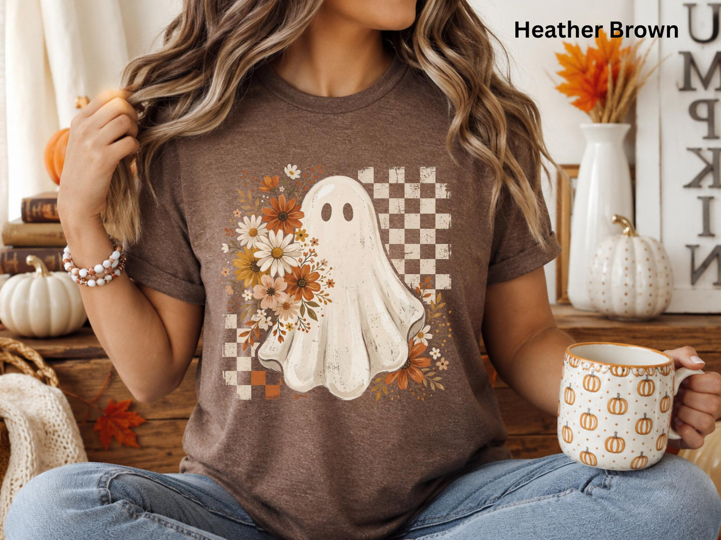 Cute Ghost Halloween Shirt, Boho Ghost T-Shirt, Floral Fall Ghost Tee, Retro Checkerboard Halloween Shirt, Spooky Season Graphic Tee