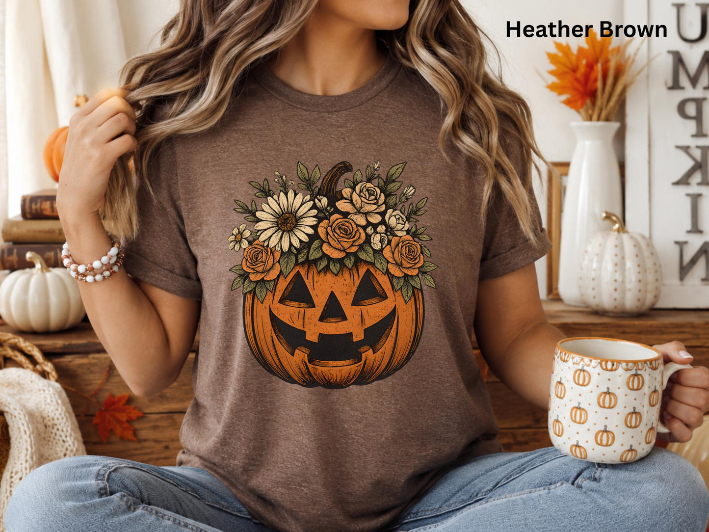 Floral Pumpkin Halloween Shirt, Cute Fall Pumpkin Tee, Boho Autumn Graphic T-Shirt, Cozy Halloween Shirt for Women, Pumpkin Patch Outfit