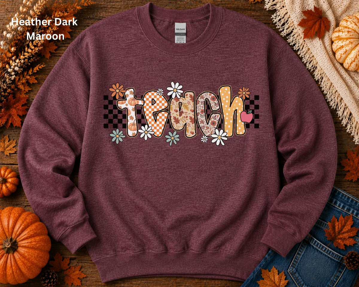 Fall Teacher Sweatshirt, Retro Teacher Crewneck, Boho Autumn Back to School Sweatshirt, Cozy Floral Pumpkin Checkerboard Teacher Gift