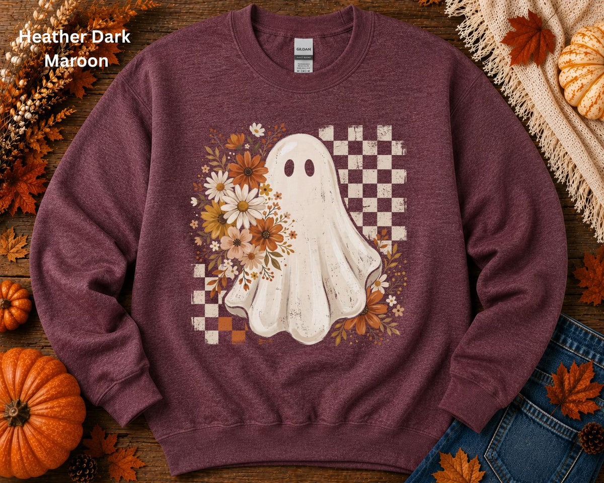 Cute Ghost Halloween Sweatshirt, Boho Ghost Crewneck, Retro Checkerboard Halloween Pullover, Spooky Season Fall Crewneck for Women