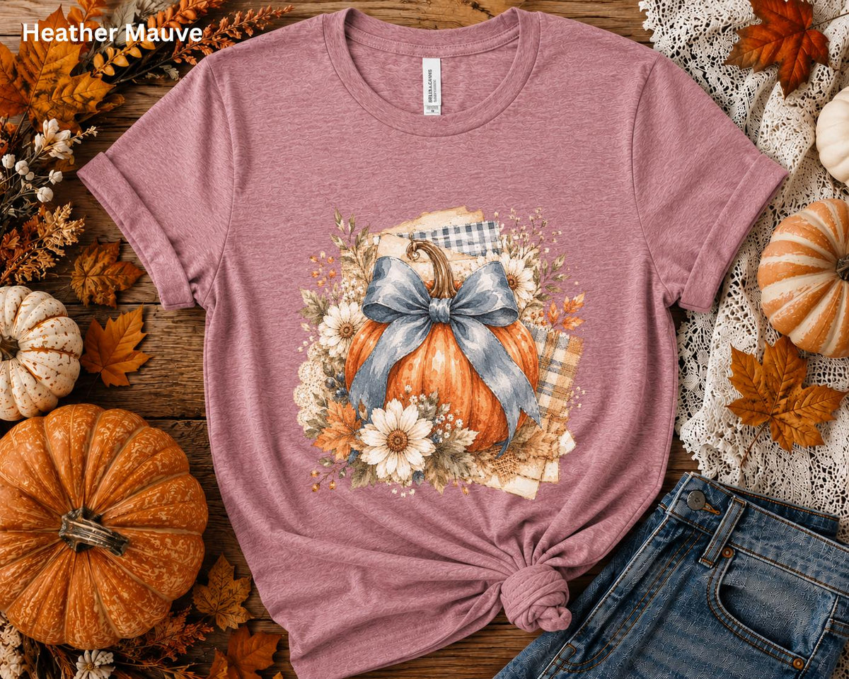 Blue Bow Pumpkin T-Shirt, Coquette Fall Tee, Floral Pumpkin Shirt, Cute Autumn Graphic Tee, Pumpkin Patch Shirt, Women's Thanksgiving Shirt
