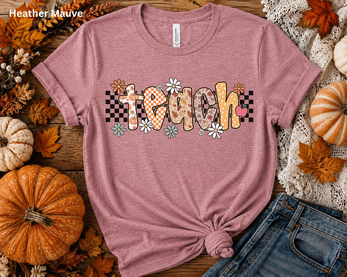Fall Teacher Shirt, Retro Teacher Tee, Boho Autumn Teacher T-Shirt, Cute Back to School Shirt, Floral Checkerboard Pumpkin Teacher Gift
