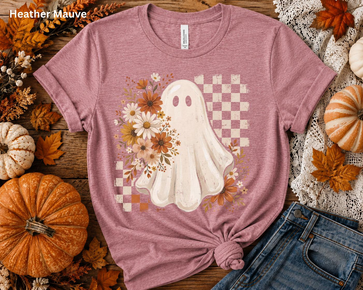 Cute Ghost Halloween Shirt, Boho Ghost T-Shirt, Floral Fall Ghost Tee, Retro Checkerboard Halloween Shirt, Spooky Season Graphic Tee