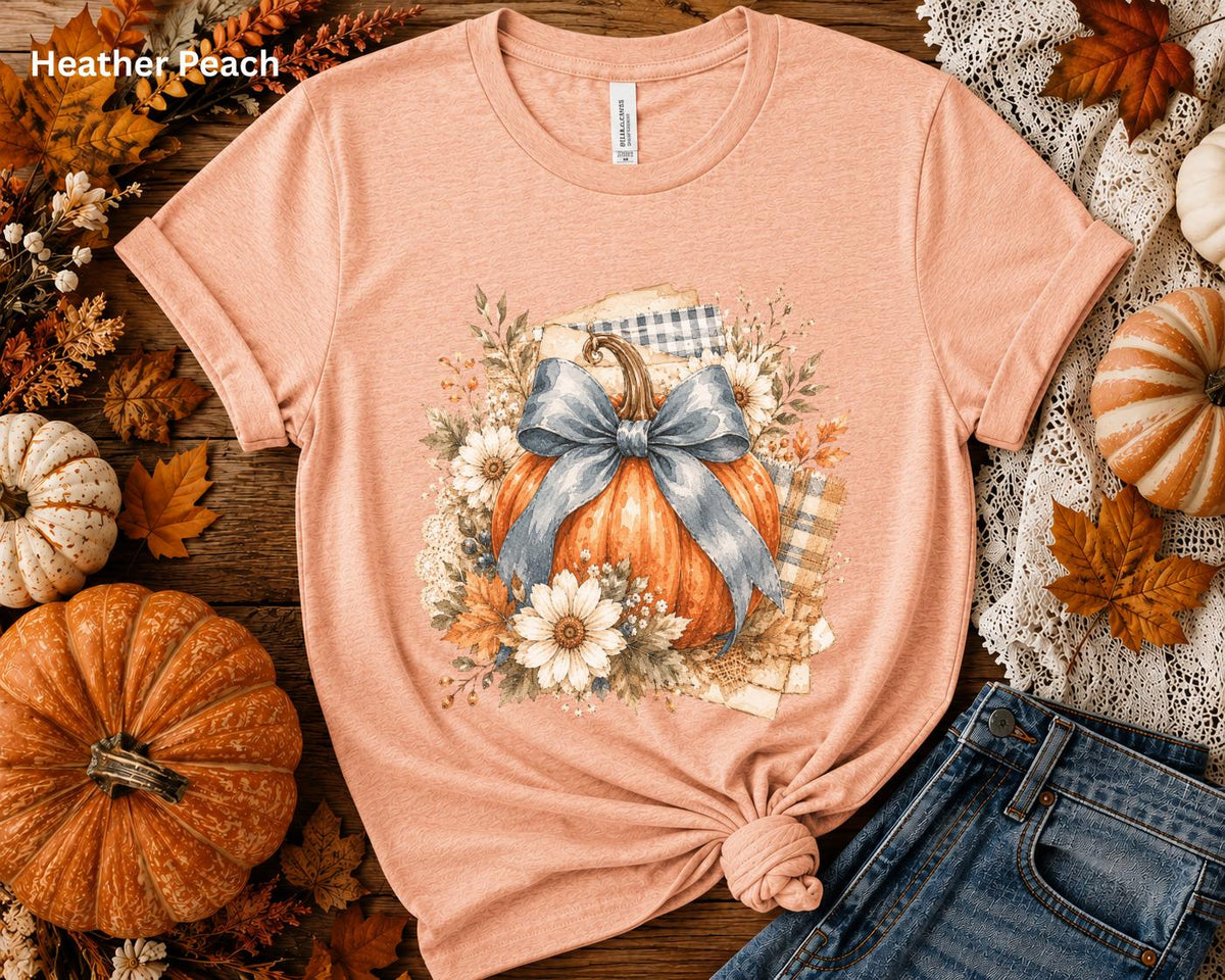 Blue Bow Pumpkin T-Shirt, Coquette Fall Tee, Floral Pumpkin Shirt, Cute Autumn Graphic Tee, Pumpkin Patch Shirt, Women's Thanksgiving Shirt