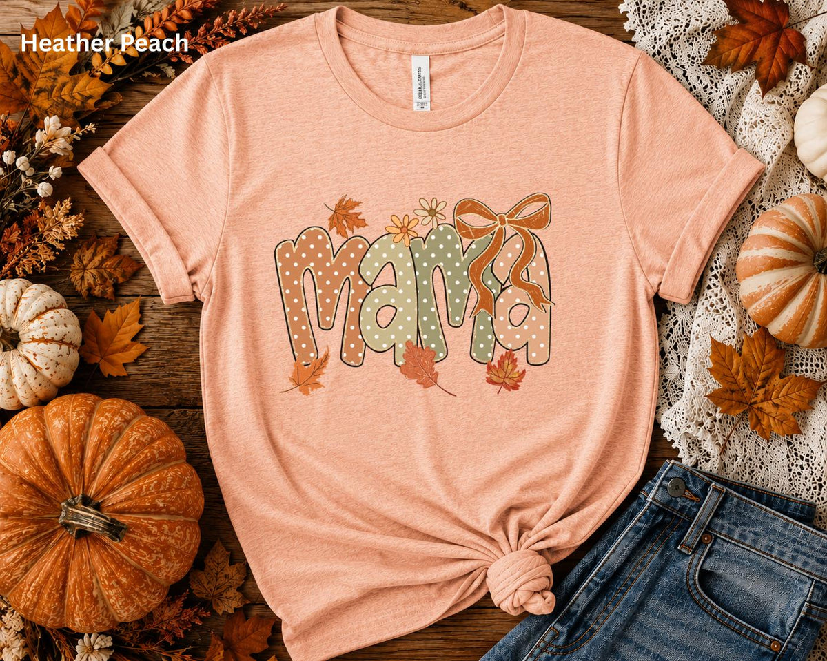 Fall Mama Shirt, Cute Coquette Bow Mama Tee, Autumn Mom Graphic T-Shirt, Pumpkin Season Shirt, Fall Mom Outfit, Women's Boutique Tee
