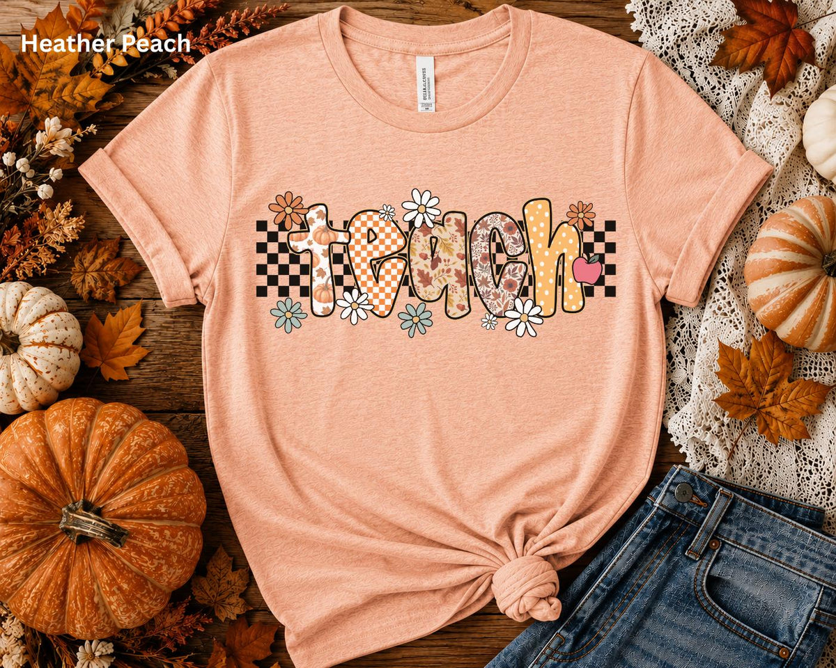 Fall Teacher Shirt, Retro Teacher Tee, Boho Autumn Teacher T-Shirt, Cute Back to School Shirt, Floral Checkerboard Pumpkin Teacher Gift