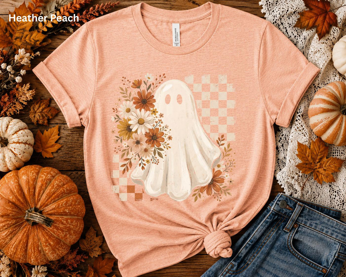 Cute Ghost Halloween Shirt, Boho Ghost T-Shirt, Floral Fall Ghost Tee, Retro Checkerboard Halloween Shirt, Spooky Season Graphic Tee