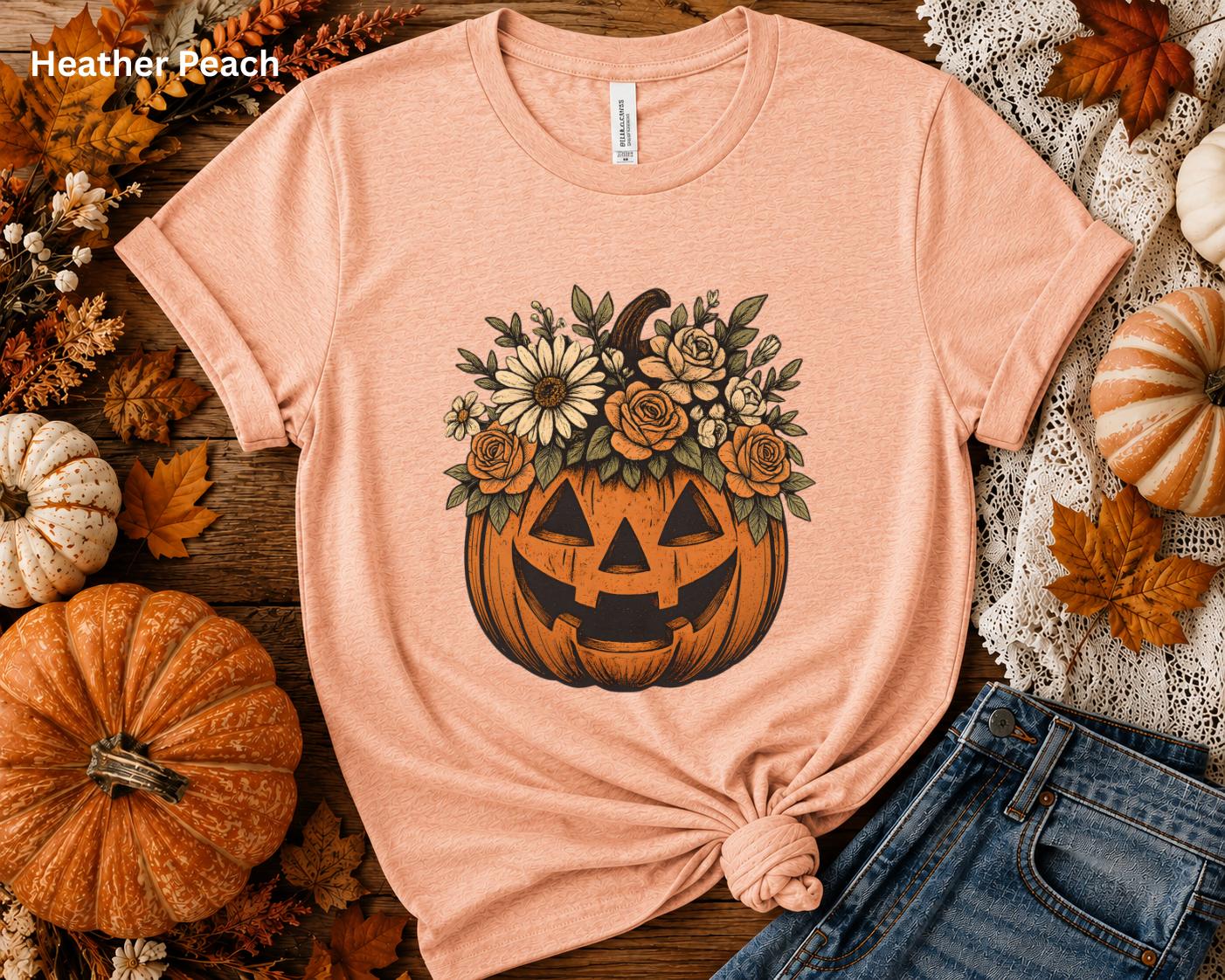 Floral Pumpkin Halloween Shirt, Cute Fall Pumpkin Tee, Boho Autumn Graphic T-Shirt, Cozy Halloween Shirt for Women, Pumpkin Patch Outfit