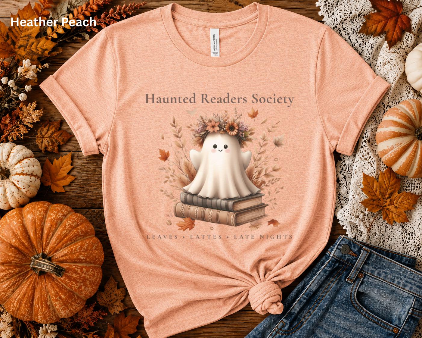 Haunted Readers Society Shirt, Ghost Book Lover Tee, Bookish Fall T-Shirt, Cozy Reader Graphic Tee, Autumn Book Club Shirt, Book Lover Gift