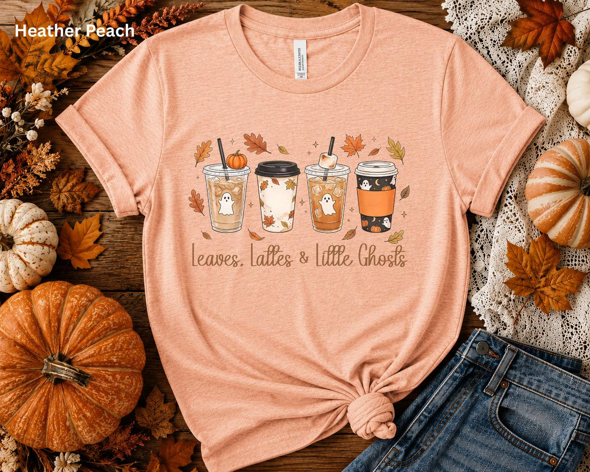 Leaves, Lattes & Little Ghosts Shirt, Cute Fall Coffee Shirt, Spooky Season Tee, Ghost Coffee Lover Shirt